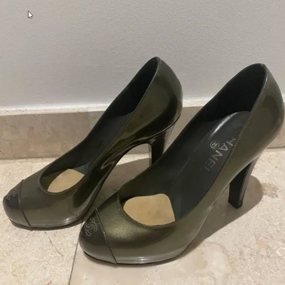 Chanel closed toe patent leather chunky heel size Olive Green Size 38 - Picture 3 of 7